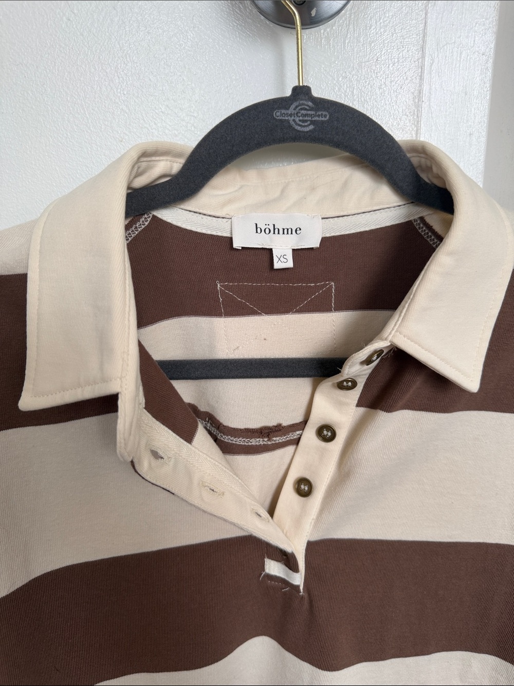 bohme Brown and Cream Striped V-Neck Rugby Sweater - Picture 3 of 7
